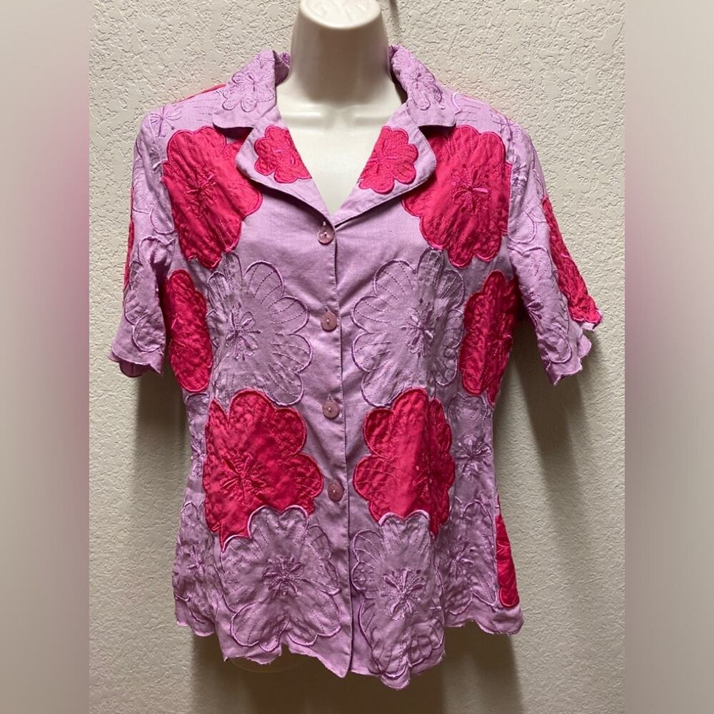 Vintage Why New York Linen Floral Embroidery Button Down Shirt Sz 14